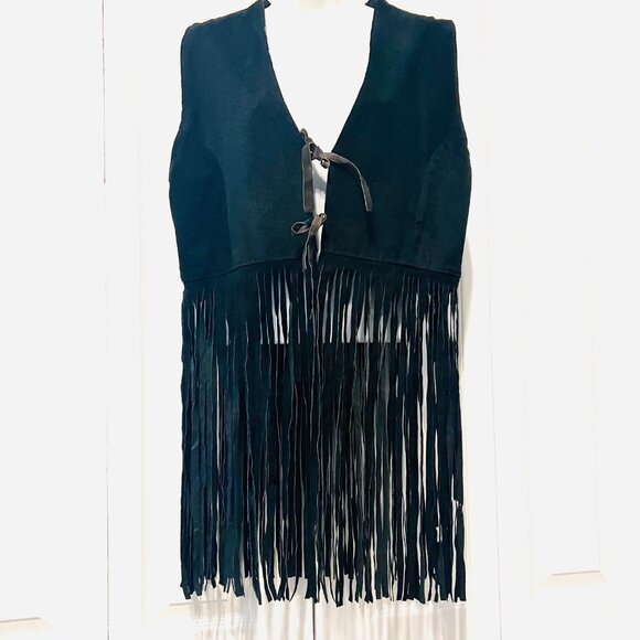 Learsi Women's Black Leather Suede Fringed Moto Vest-Sz. Large-Tie Closure- - Picture 3 of 16